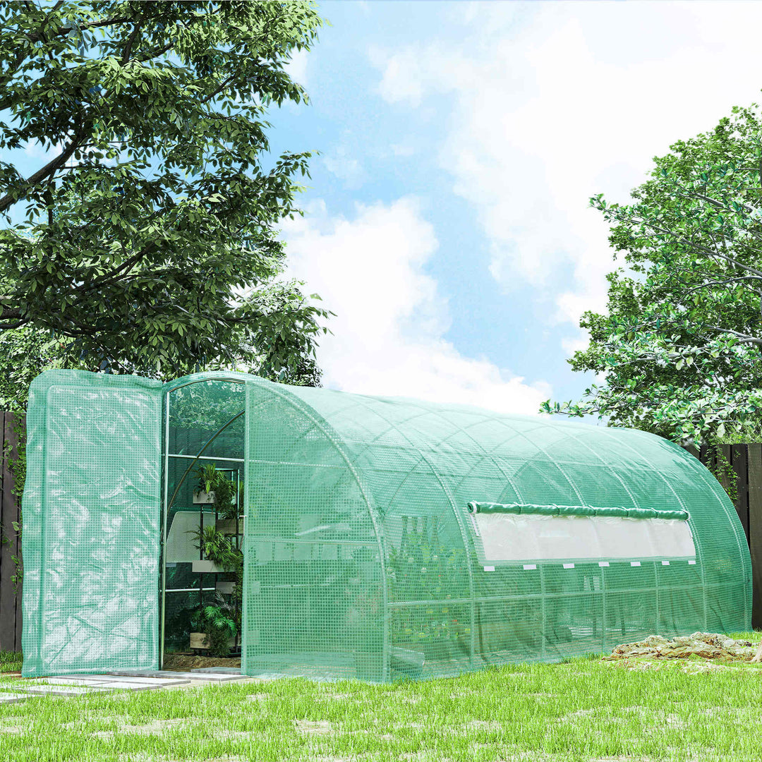 MCL Large Polytunnel Walk In Greenhouse, Plant Gardening Tunnel Green House with Metal Hinged Door, Galvanised Steel Frame & Mesh Windows, Green (3 x 6 m)