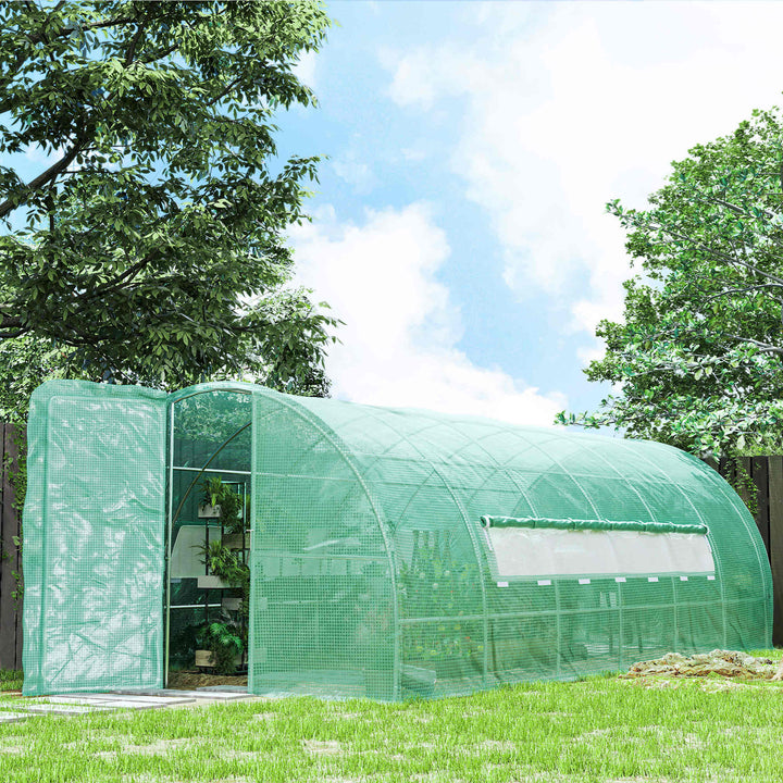 MCL Large Polytunnel Walk In Greenhouse, Plant Gardening Tunnel Green House with Metal Hinged Door, Galvanised Steel Frame & Mesh Windows, Green (3 x 6 m)