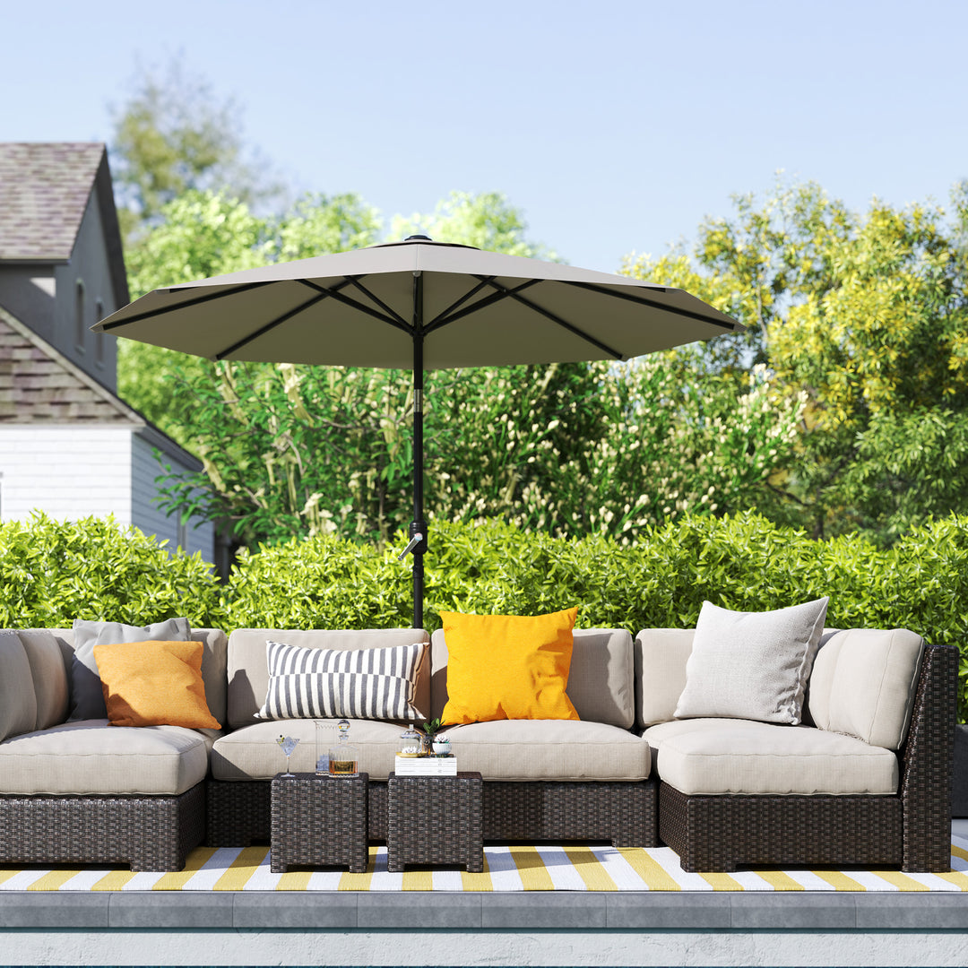2.6M Garden Parasol Umbrella with Tilt and Crank, Outdoor Sun Parasol Sunshade Shelter with Aluminium Frame, Light Grey