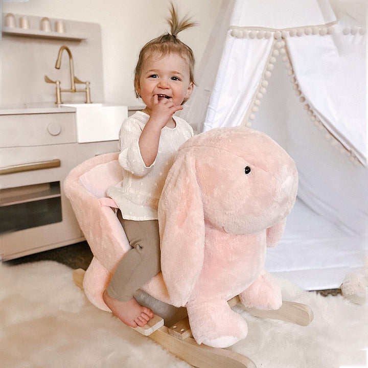 MCL Kids Rocking Rabbit, Plush Rocking Horse Ride-On w/ Sound, Wood Base, Seatbelt, for Ages 18-36 Months, Pink
