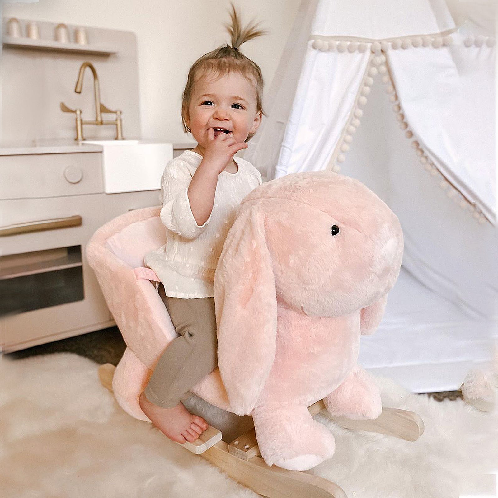 Kids Rocking Rabbit, Plush Rocking Horse Ride-On w/ Sound, Wood Base, Seatbelt, for Ages 18-36 Months, Pink