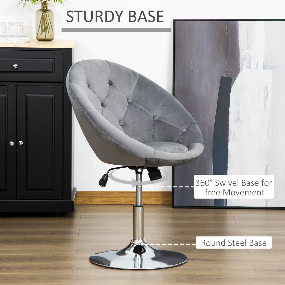 Swivel Dressing Stool, Velvet-feel Upholstered Vanity Chair, Adjustable Height Tub Makeup Chair with Button Tufting and Thick Padding for Bedroom, Grey