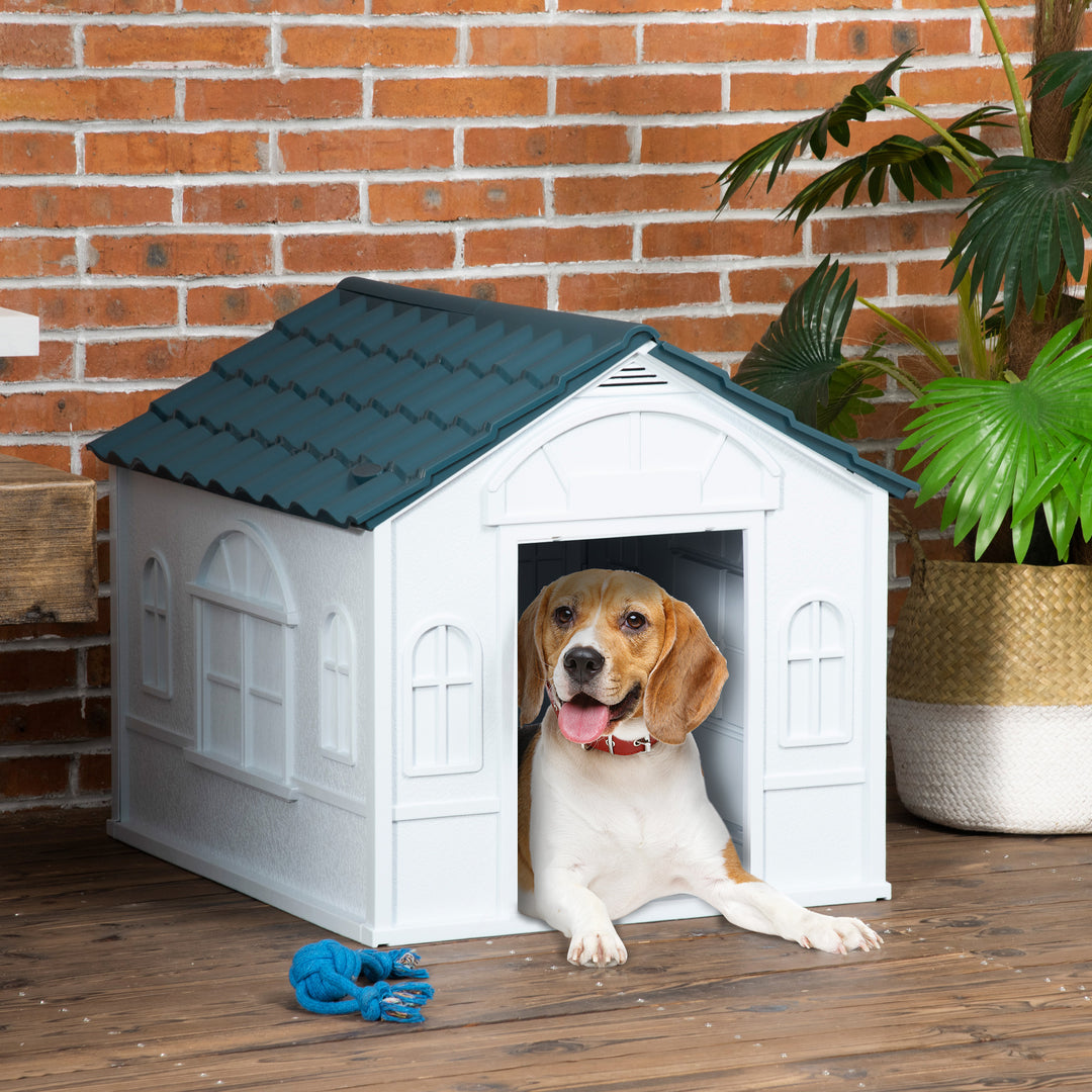 PawHut Durable Dog Kennel Weather-Resistant Plastic Pet House for Indoor & Outdoor Use, Medium Size, White and Blue | Aosom UK