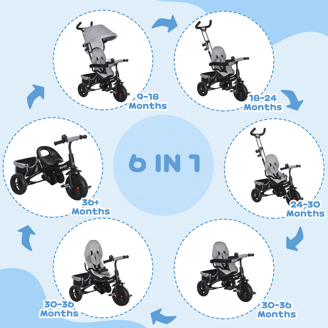 6 in 1 Kids Trike Push Bike w/ Push Handle, Canopy, 5-point Safety Belt, Storage, Footrest, Brake, for 1-5 Years, Grey