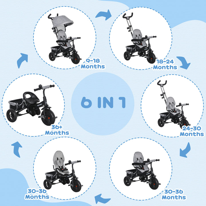6 in 1 Kids Trike Push Bike w/ Push Handle, Canopy, 5-point Safety Belt, Storage, Footrest, Brake, for 1-5 Years, Grey