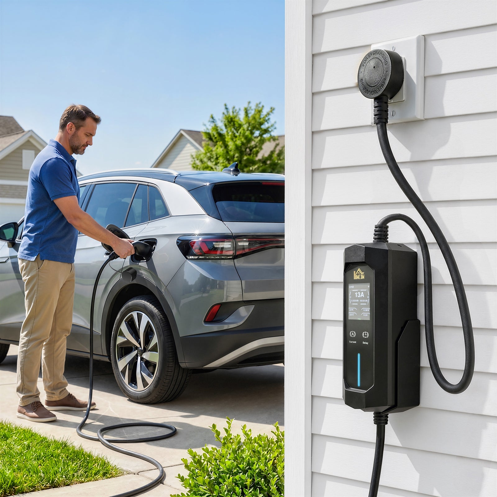 EV Charger Type 2 to 3 Pin Plug, 10 m, 2.8 kW, 6-13 A, Electric Car Ch
