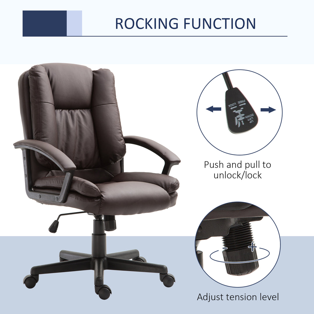 HOMCOM Swivel Executive Office Chair Mid Back Faux Leather Computer Desk Chair for Home with Double-Tier Padding, Arm, Wheels, Brown | Aosom UK