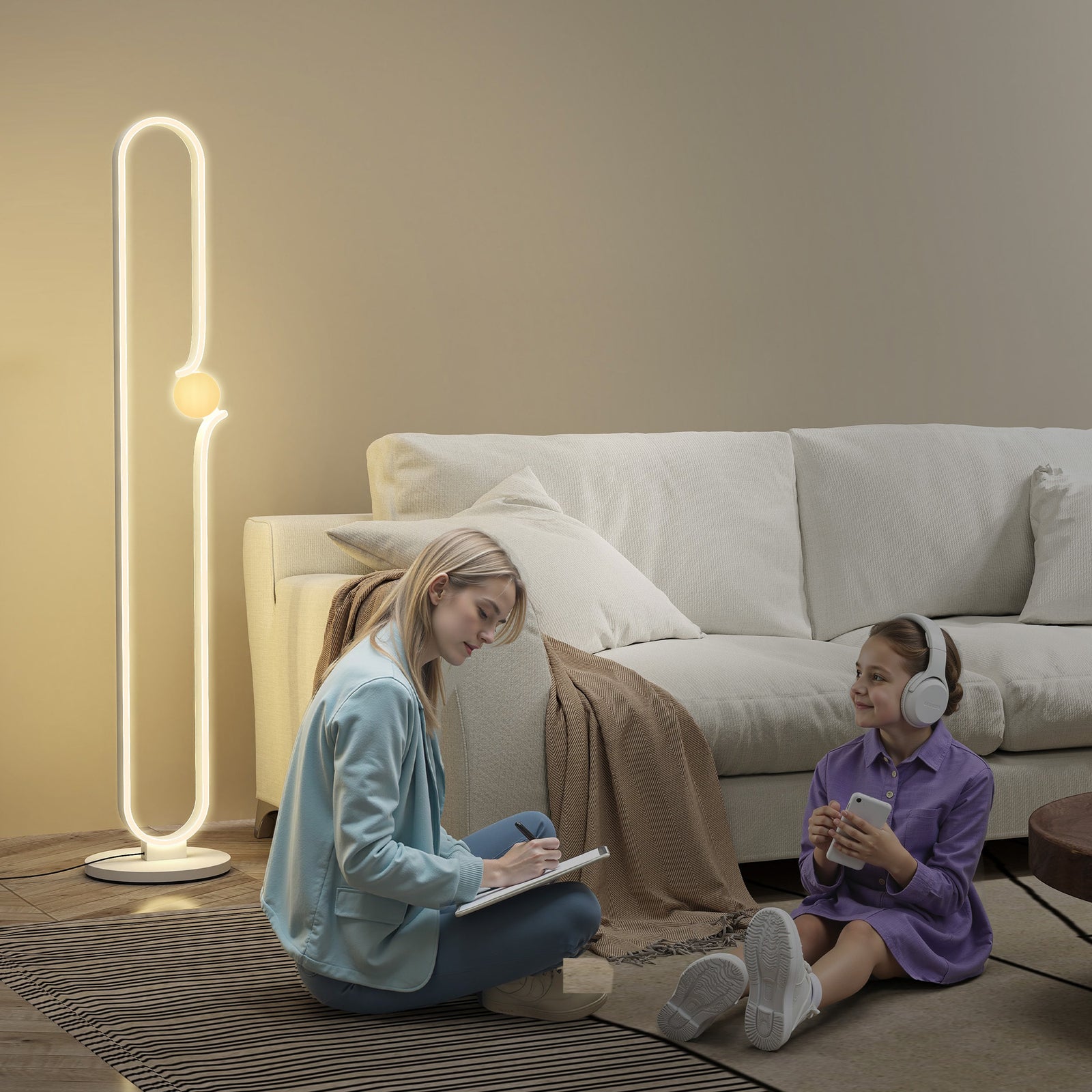 LED Floor Lamp, Dimmable Floor Standing Lamp with Glass Night Light, Foot Switch for Living Room, Bedroom, Office, White