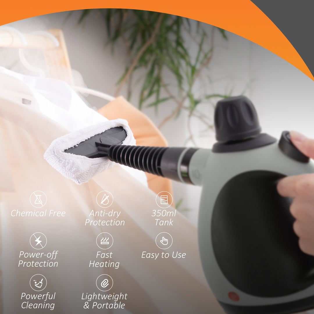 Handheld Steam Cleaner for Chemical Free Cleaning, Portable Multi-purpose Steamer with 9 Pieces Accessory for Kitchen, Bathroom, Window, Car Seat, Carpet, Sofa, 1050W, 350ML Tank, Grey