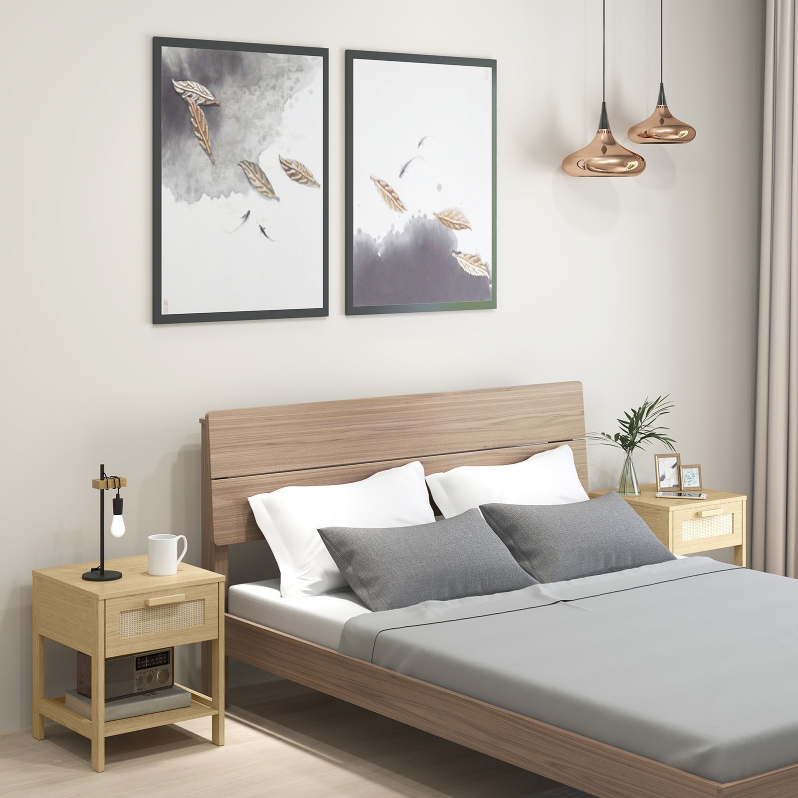 Bedside Table Set of 2 with Rattan Drawer, Rustic Side Tables with Storage Shelf for Bedroom, Living Room, Natural