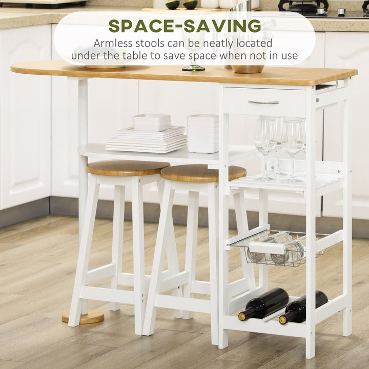 3 Piece Bar Table Set, Breakfast Bar table and Stools with Storage Shelf, Drawer, Wire Basket and Wine Rack for Kitchen, Home Bar, Natural and White