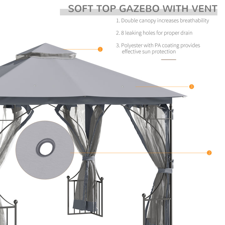 3 x 3(m) Garden Gazebo Patio Party Tent Shelter Outdoor Canopy Double Tier Sun Shade Metal Frame Netting, Light Grey