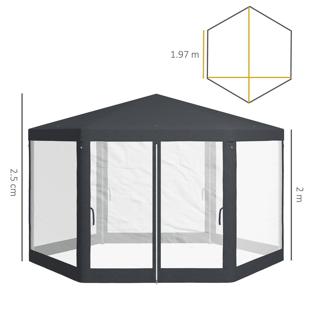 4M Hexagon Gazebo, Netting Party Tent, Patio Canopy Outdoor Event Shelter for Activities, Shade Resistant, Dark Grey