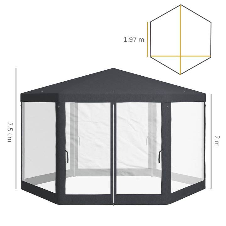 4M Hexagon Gazebo, Netting Party Tent, Patio Canopy Outdoor Event Shelter for Activities, Shade Resistant, Dark Grey