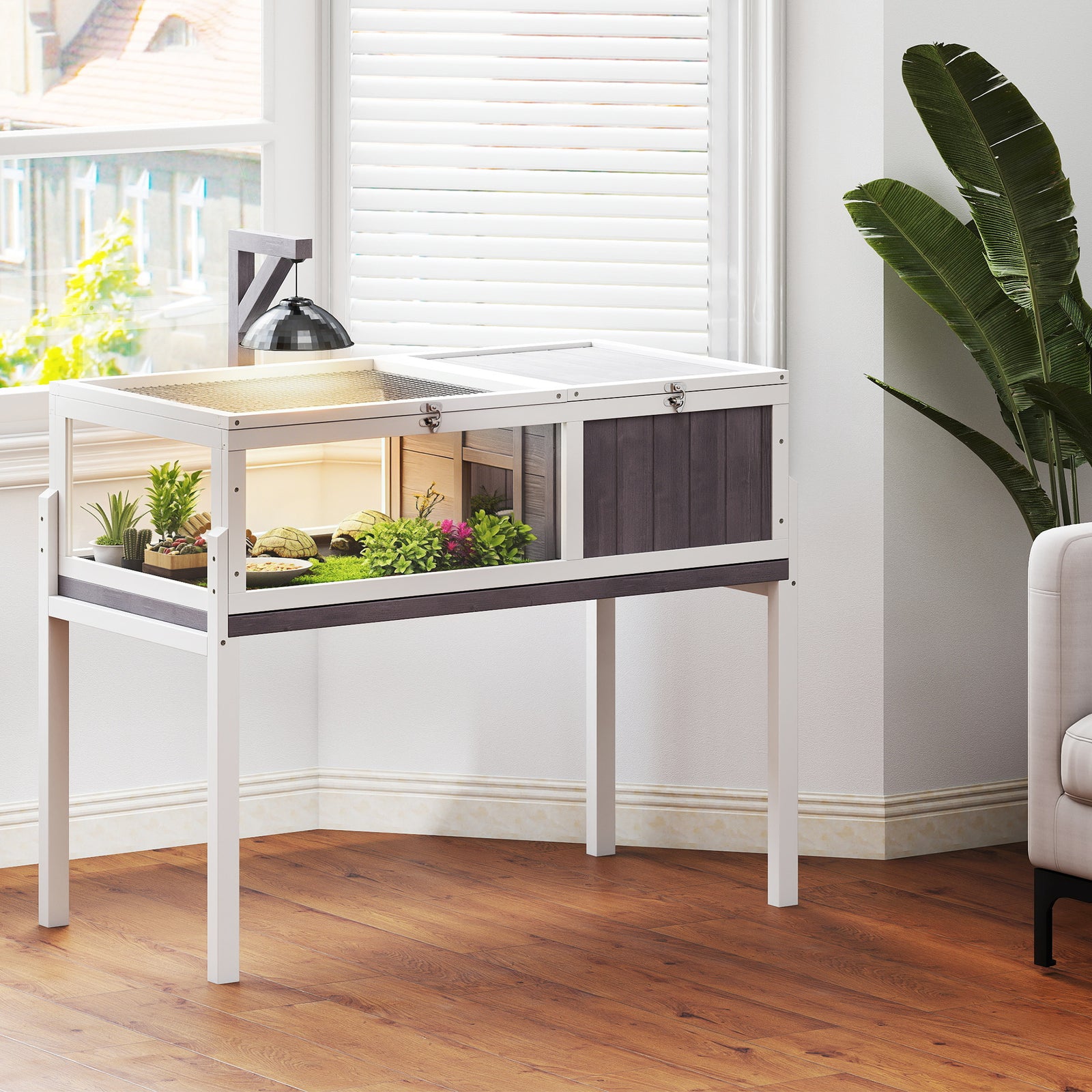 Wooden Tortoise House with Dual-Zone Habitat, Clear Panels, Openable T