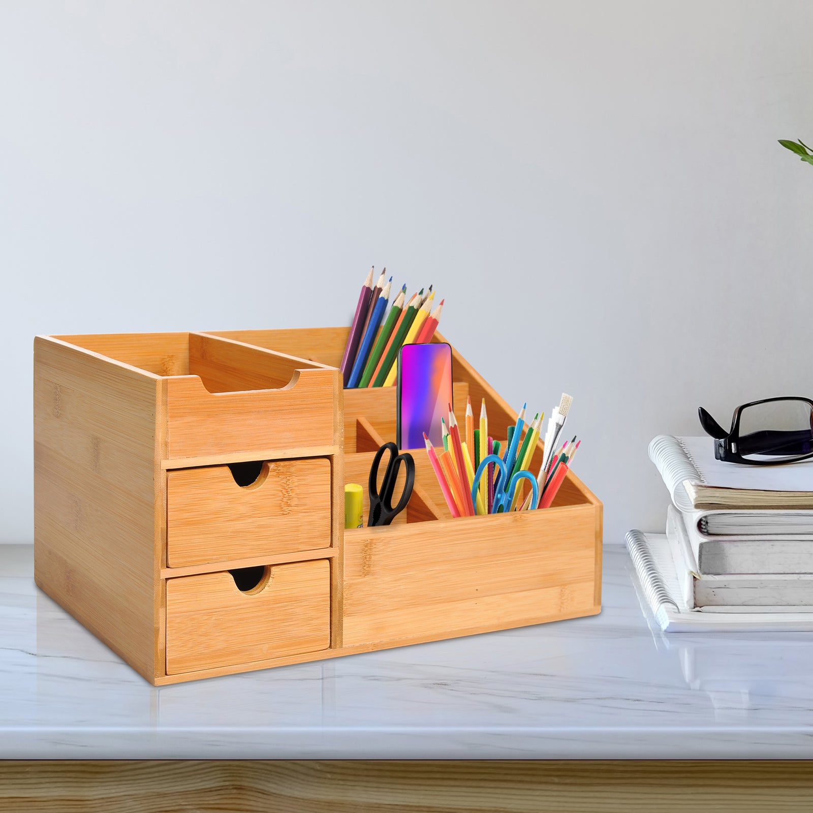 Desk Organiser Holder, Bamboo Multi-Function Storage Caddy with 7 Storage Compartments and 2 Drawers for Home Office Stationary Supplies, Natural Bamboo