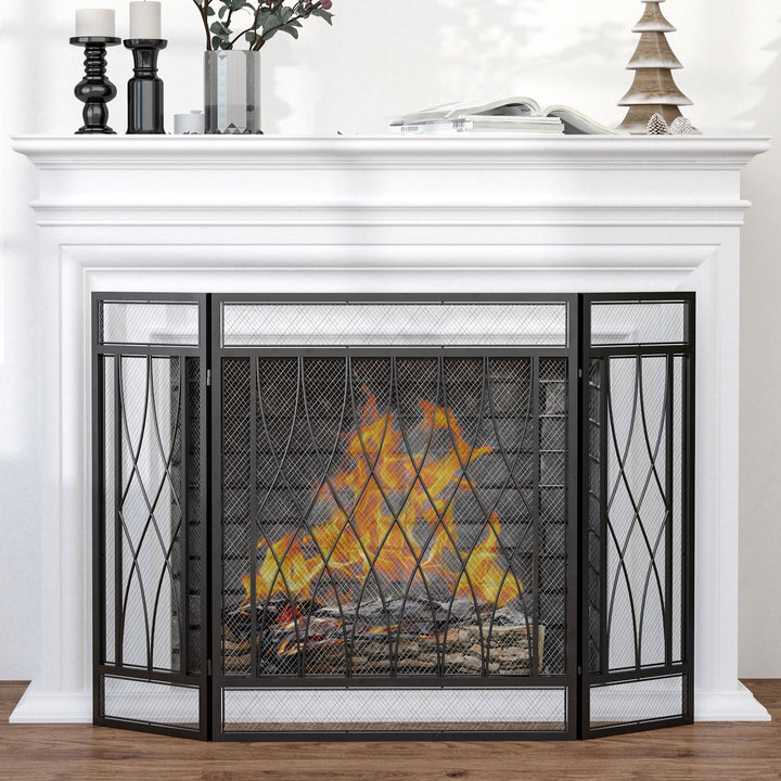 HOMCOM 3-Panel Folding Fireplace Screen, Metal Mesh Fire Spark Guard, 126L x 3W x 80H cm-Black | Aosom UK