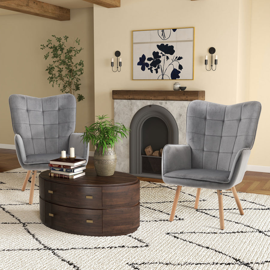 Modern Accent Chair Velvet-Touch Tufted Wingback Armchair Upholstered Leisure Lounge Sofa Club Chair with Wood Legs, Set of 2, Grey
