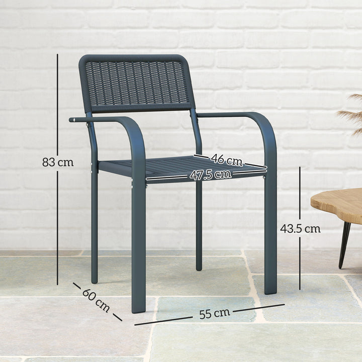 Garden Chairs Set of 4, Stackable Rattan Effect Dining Chairs with Armrest, Weather Resistant and Lightweight Outdoor Furniture Armchairs for Patio, Balcony, Terrace, Dark Grey