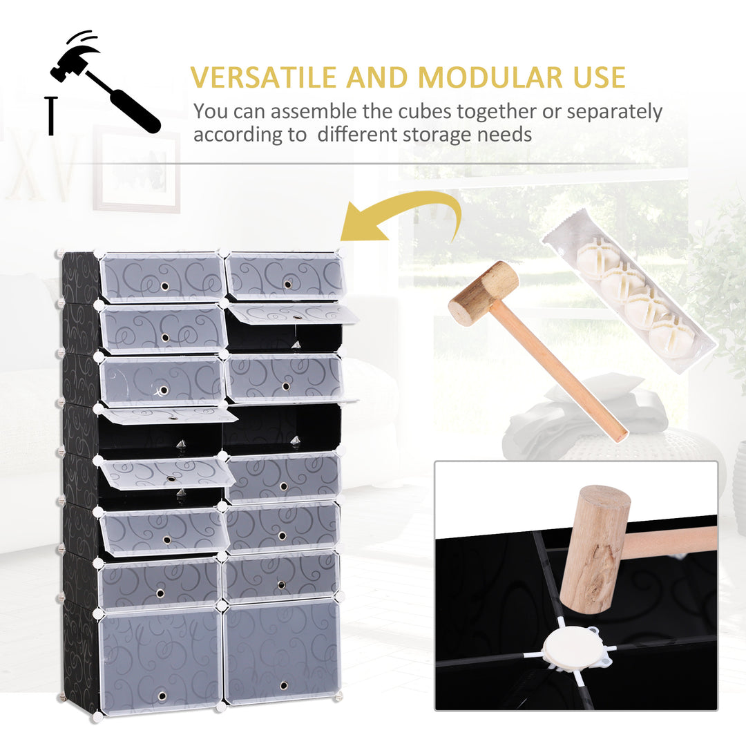 16 Cube Shoe Rack, 2 x 8 Tier Shoe Storage Cabinet, Modular Plastic Shelves for Bedroom, Living Room and Entryway, Space Saving Footwear Organizer, 32 Pairs, White and Black