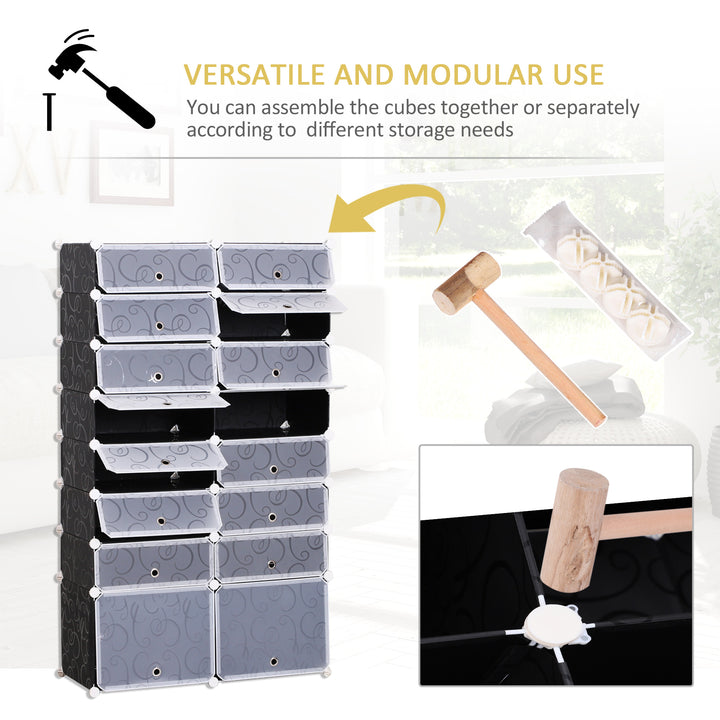 16 Cube Shoe Rack, 2 x 8 Tier Shoe Storage Cabinet, Modular Plastic Shelves for Bedroom, Living Room and Entryway, Space Saving Footwear Organizer, 32 Pairs, White and Black