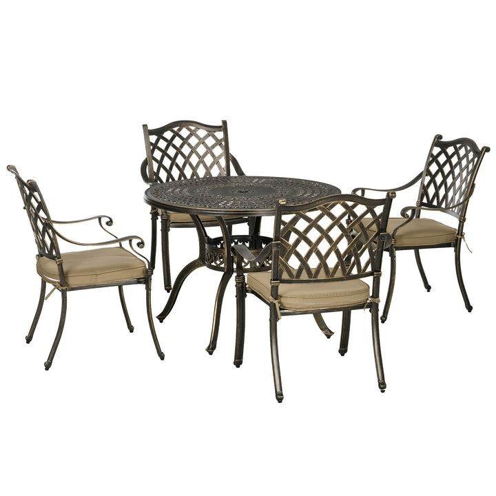MCL 4 Seater Outdoor Dining Set Antique Cast Aluminium Garden Furniture Set with Cushions Round Dining Table with Parasol Hole, Bronze