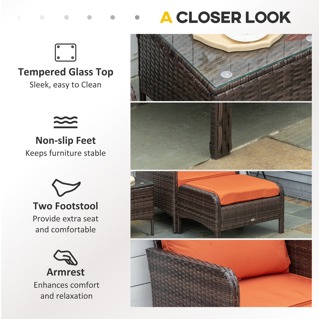 MCL 5 Pieces PE Rattan Garden Furniture Set with 10cm Thick Padded Cushions, Wicker Weave Outdoor Seating Chairs with 2 Armchairs, 2 Stools, Glass Top Table, Brown