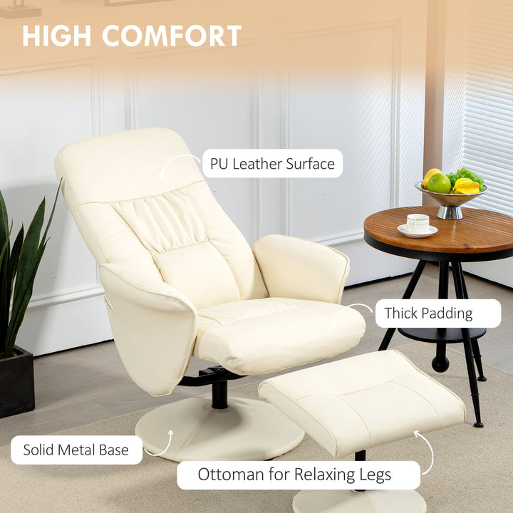 Swivel Recliner Chair with Footstool, HOMCOM PU Leather Armchair and Ottoman with High Back and Round Base for Living Room, Cream White | Aosom UK