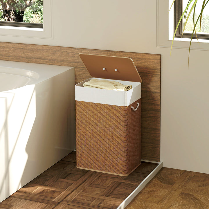 Bamboo Laundry Basket with Lid, 72L Laundry Hamper with Rope Handles, Washing Basket with Removable Washable Liner Bag for Bathroom, Bedroom, Brown