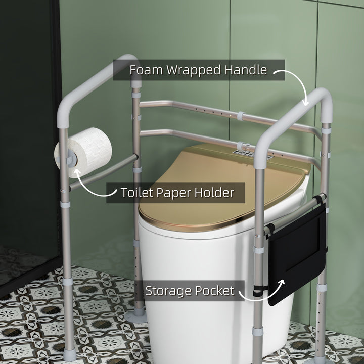 Free Standing Toilet Frame, Height and Width Adjustable Toilet Safety Frame with Arms, 2 Additional Suction Cups, Storage for Elderly, Disabled, Handrail Grab Bar, 136kg Weight Capacity