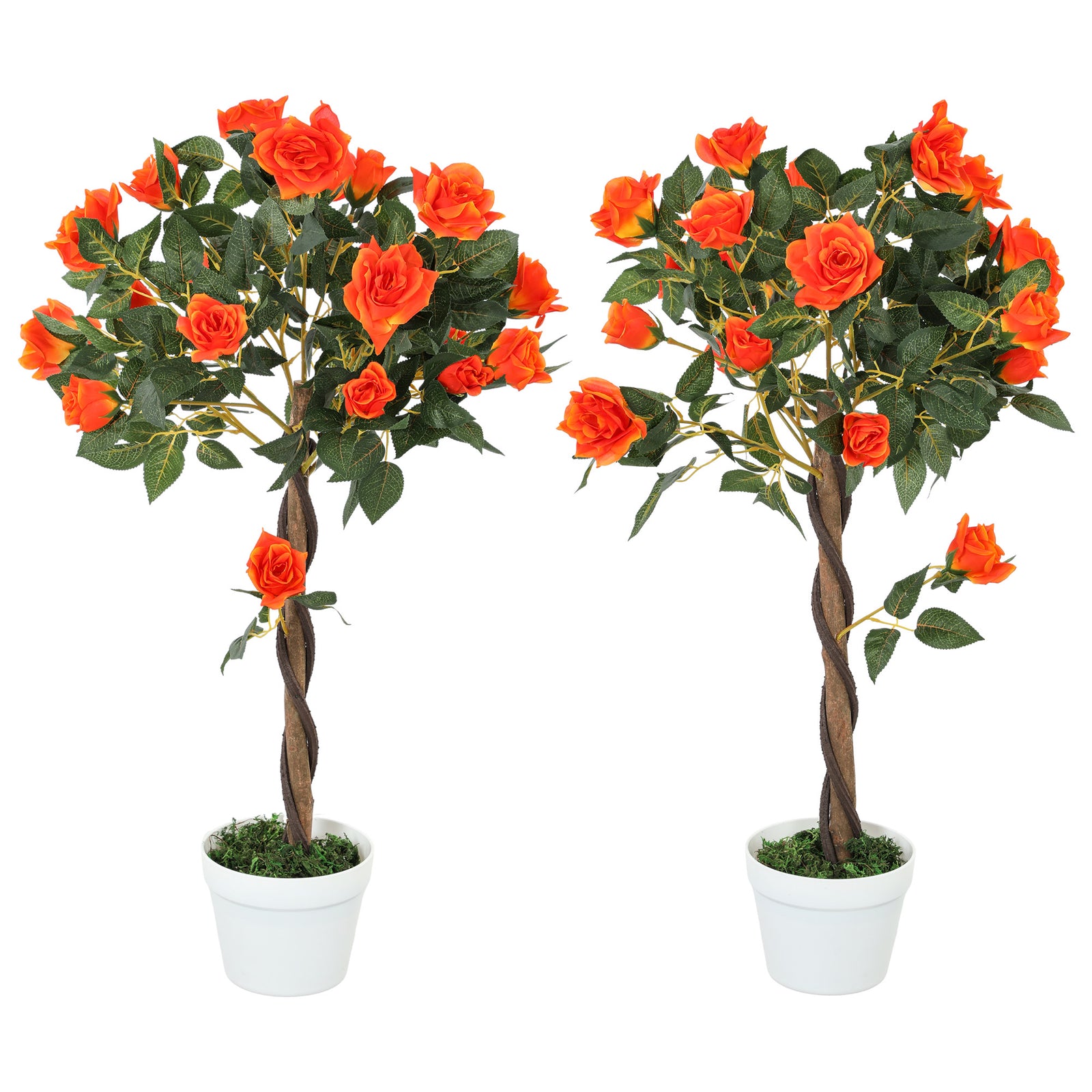 Set of 2 Artificial Plants White Rose Floral in Pot, Fake Plants for Home Indoor Decor, 90cm, Orange