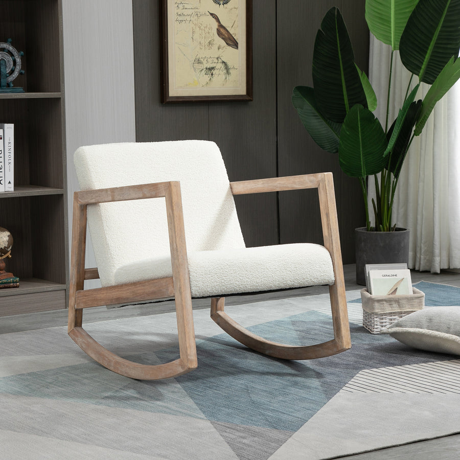 Rocking Chair, Upholstered Sofa Armchair with Cushion and Wood Base for Living Room and Bedroom, Cream White