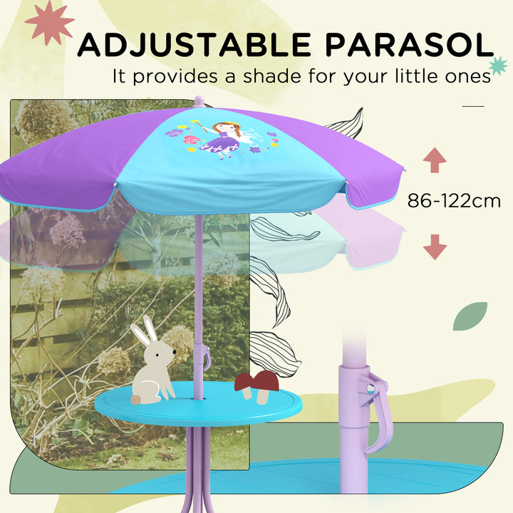 Outsunny Kids Picnic Table and Chair Set, Fairy Themed Outdoor Garden Furniture w/ Foldable Chairs, Adjustable Parasol