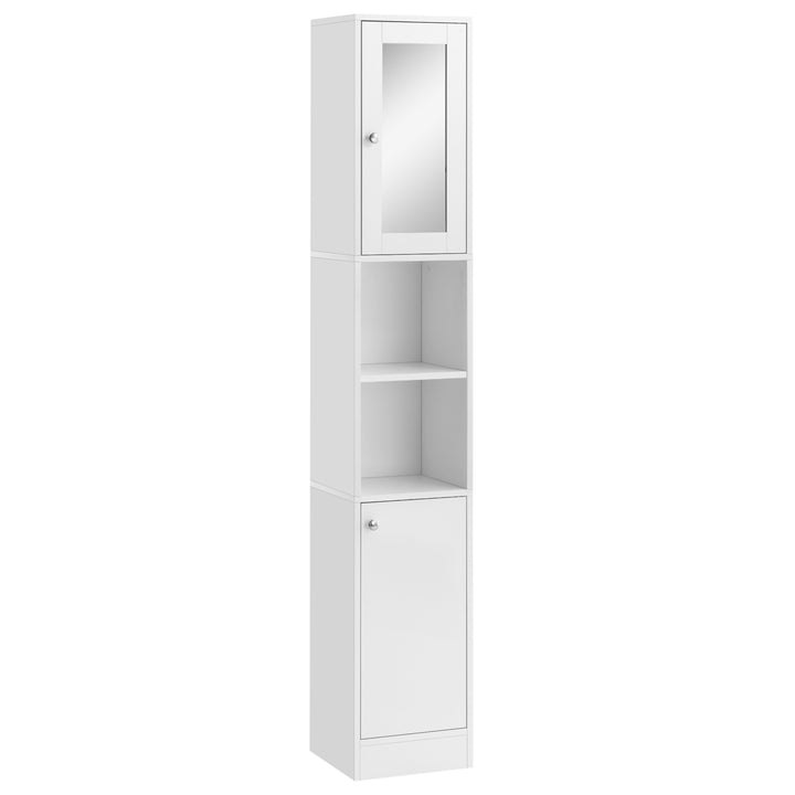 kleankin Free Standing Bathroom Cabinet with Mirror, Tallboy Unit with Adjustable Shelves, 30W x 28D x 180Hcm, White | Aosom UK