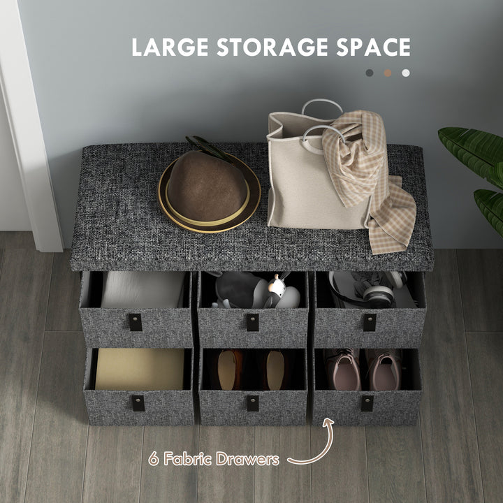 Six-Drawer Shoe Storage Bench, with Padded Top Seat - Dark Grey