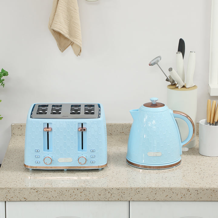 Kettle and Toaster Set, 1.7L 3000W Fast Boil Jug Kettle, 4 Slice Toaster with 7 Level Browning Controls, Light Blue