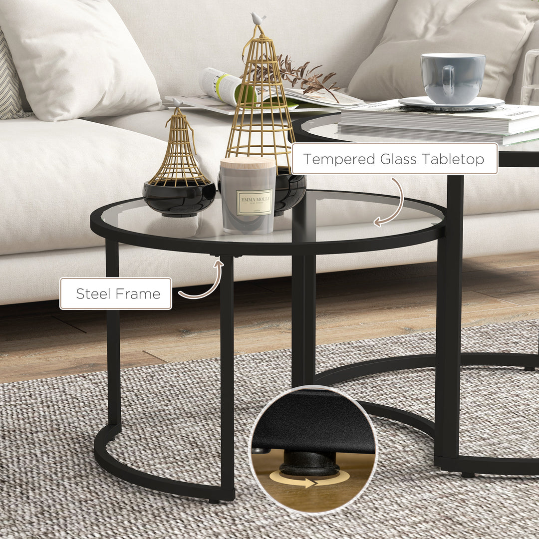 HOMCOM Glass Coffee Table Set of 2, Round Nest of Tables w/ Tempered Glass Tabletop, Steel Frame, Modern Side Tables for Living Room, Black | Aosom UK