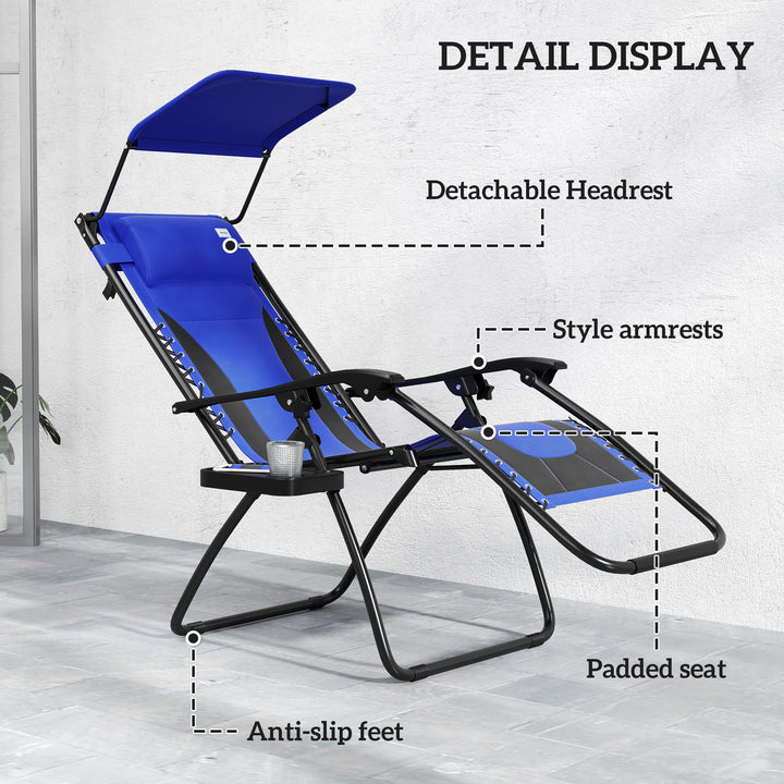 Zero Gravity Lounger Chair Set of 2, Folding Reclining Patio Chair with Shade Cover, Cup Holder, Soft Cushion and Headrest for Poolside, Camping, Blue