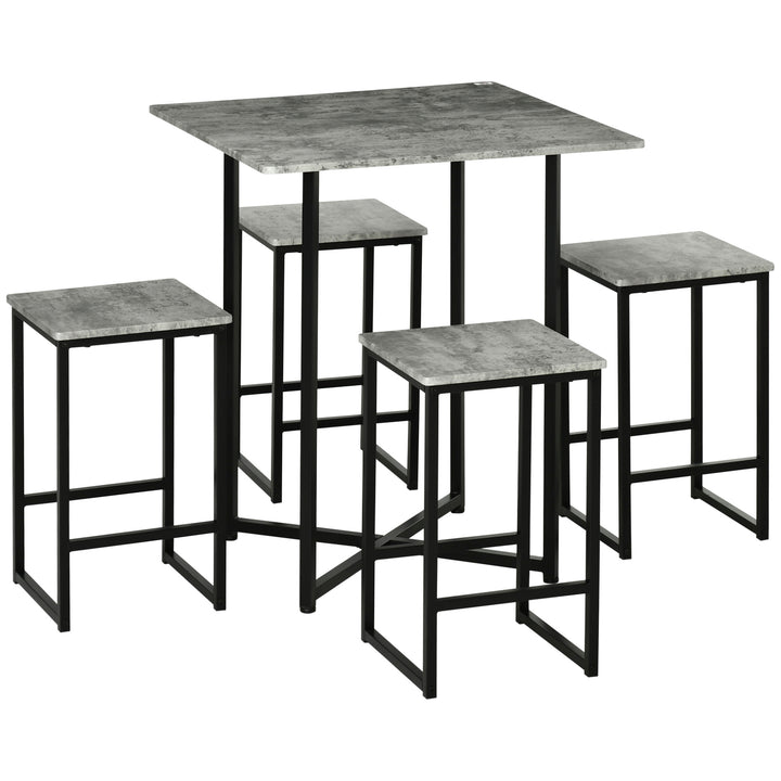 5pc Bar Table Set, Square Dining Table Set for 4 People, Home Kitchen Breakfast Bar Set with Steel Frame and Footrest, Concrete Grey