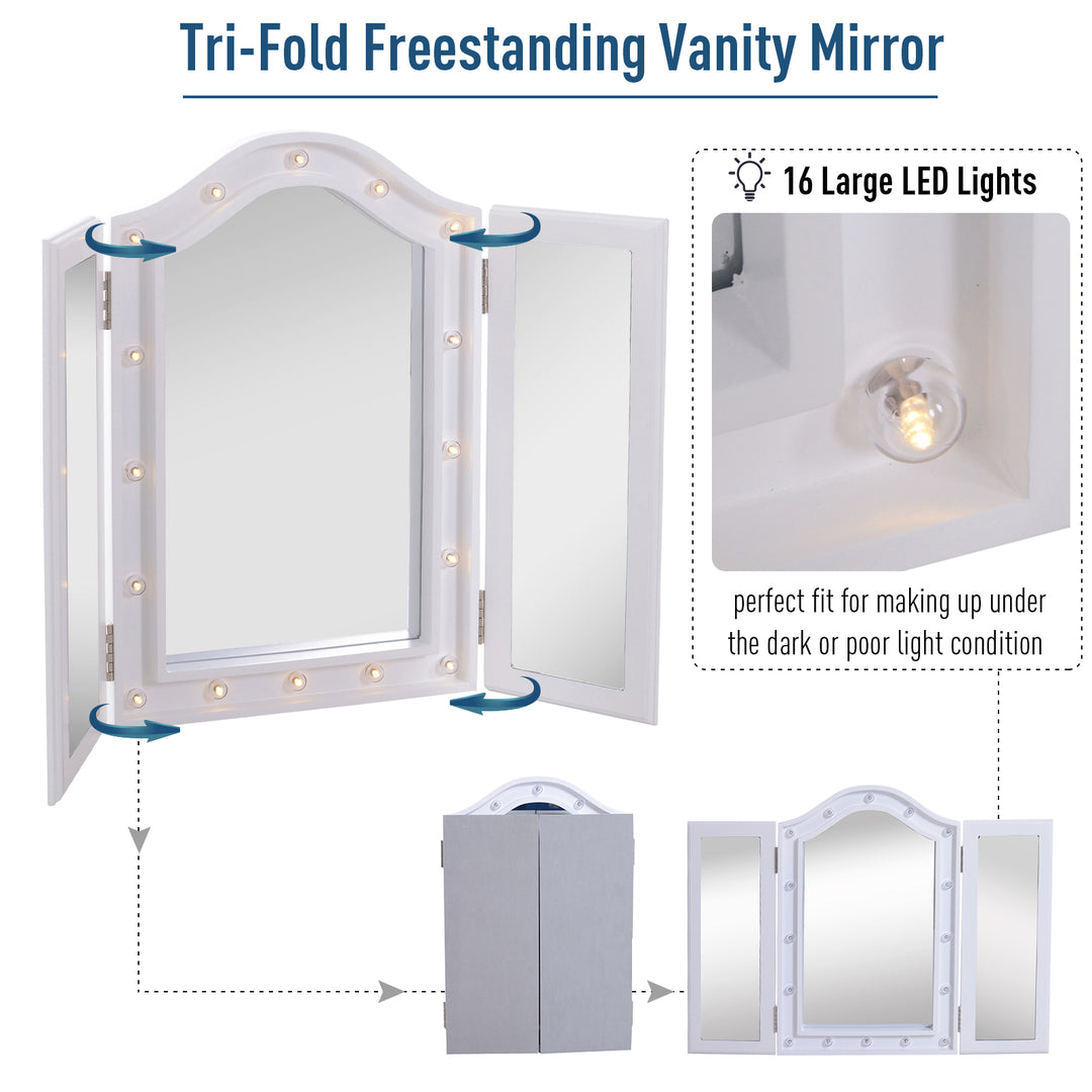 HOMCOM Lighted Vanity Mirror, Trifold Freestanding Tabletop Cosmetic Mirror with 16 LED Lights, Battery Operated, Foldable, White | Aosom UK