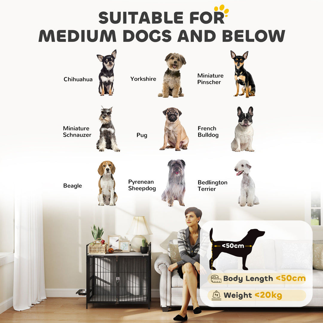 Dog Crate Furniture with Rotating Bowl Holder, 2 Bowls, 2 Doors, for Medium Dogs, 80 x 56 x 76.5 cm, Grey