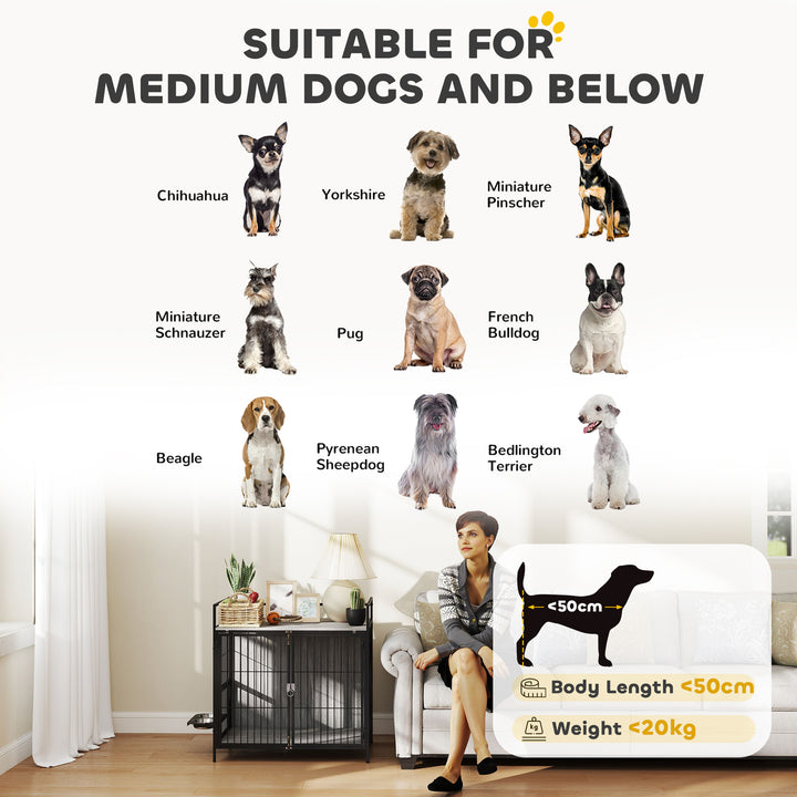 Dog Crate Furniture with Rotating Bowl Holder, 2 Bowls, 2 Doors, for Medium Dogs, 80 x 56 x 76.5 cm, Grey