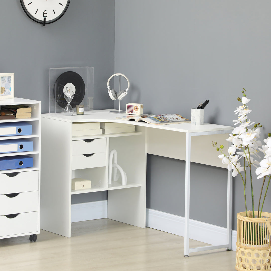 L Shaped Desk, 120cm Computer Desk, Corner Desk with 2 Drawers and 3 Storage Compartments for Home Office, Study Workstation, White