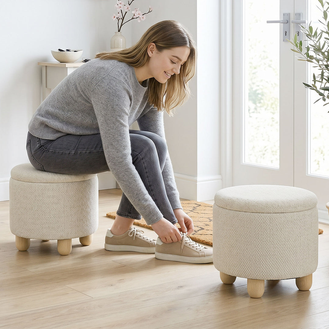 Storage Sitting Bench with Lid, Round Storage Ottoman with Rubberwood 