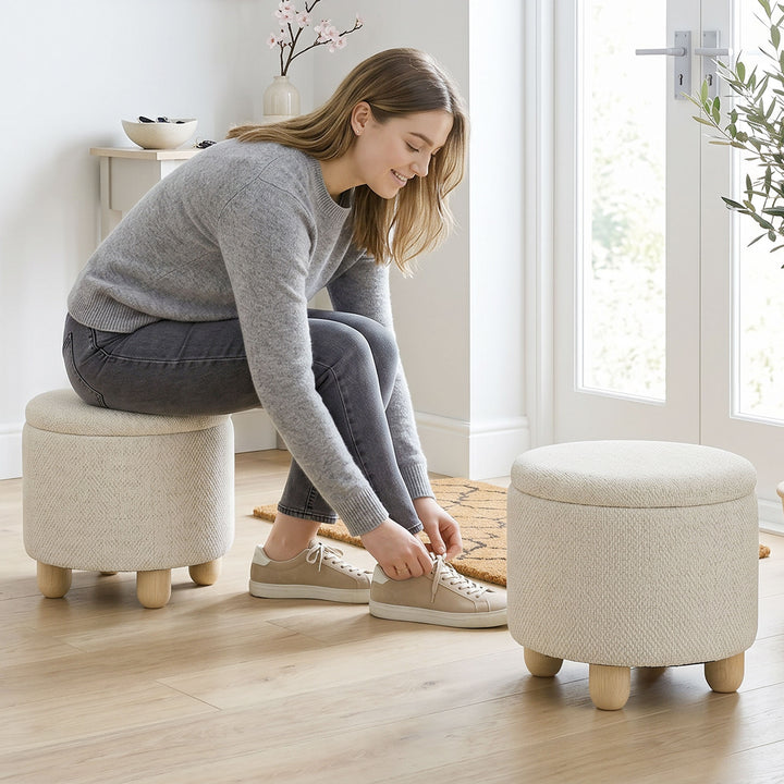 Storage Sitting Bench with Lid, Round Storage Ottoman with Rubberwood 