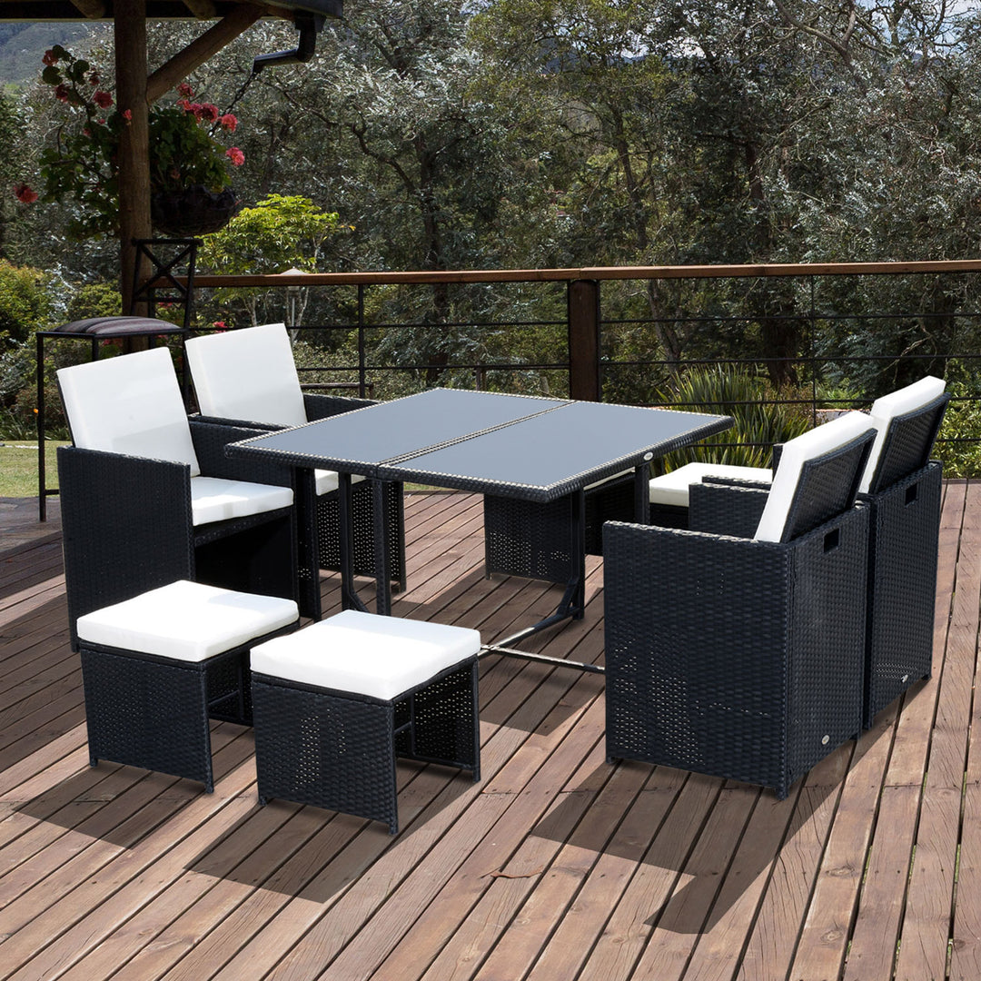 MCL 8 Seater Rattan Cube Garden Furniture Set, Rattan Dining Set with Cushions, Outdoor Dining Table and Chairs with 4 Armchairs, 4 Stools, Square Glass Top Table, Black