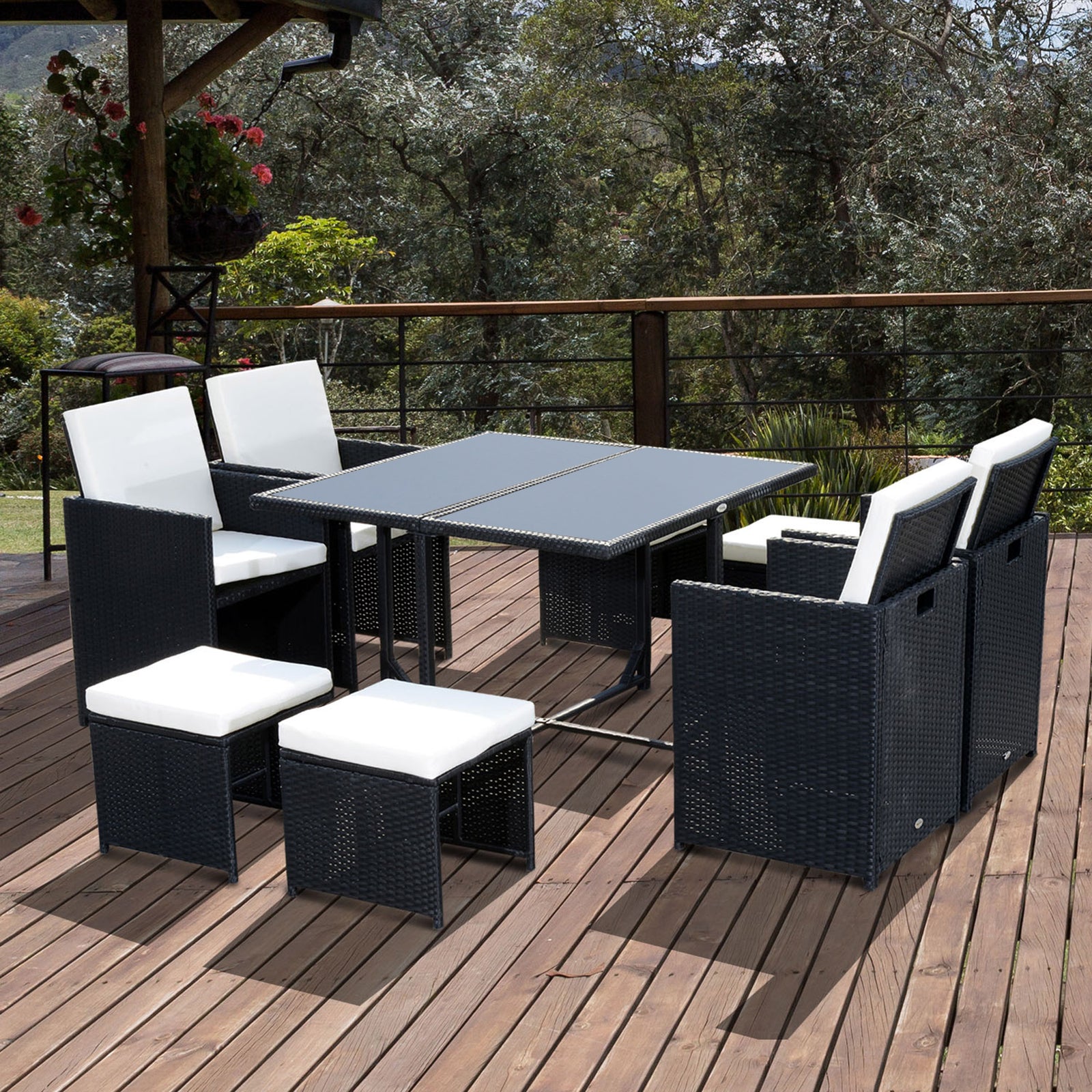 8 Seater Rattan Cube Garden Furniture Set, Rattan Dining Set with Cushions, Outdoor Dining Table and Chairs with 4 Armchairs, 4 Stools, Square Glass Top Table, Black