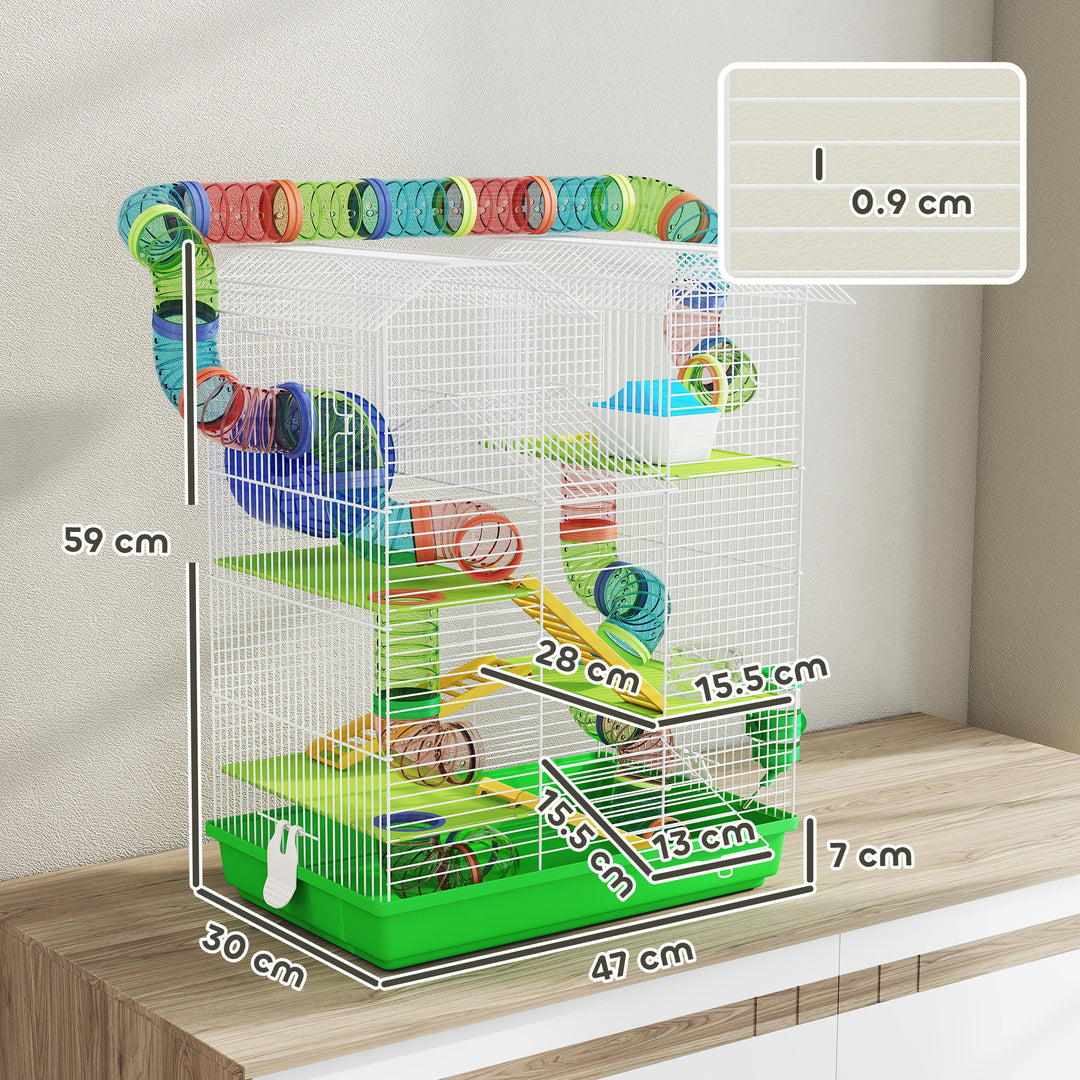 5 Tier Hamster Cage Carrier Habitat with Exercise Wheels Tunnel Tube Water Bottle Dishes House Ladder for Dwarf Mice, Green