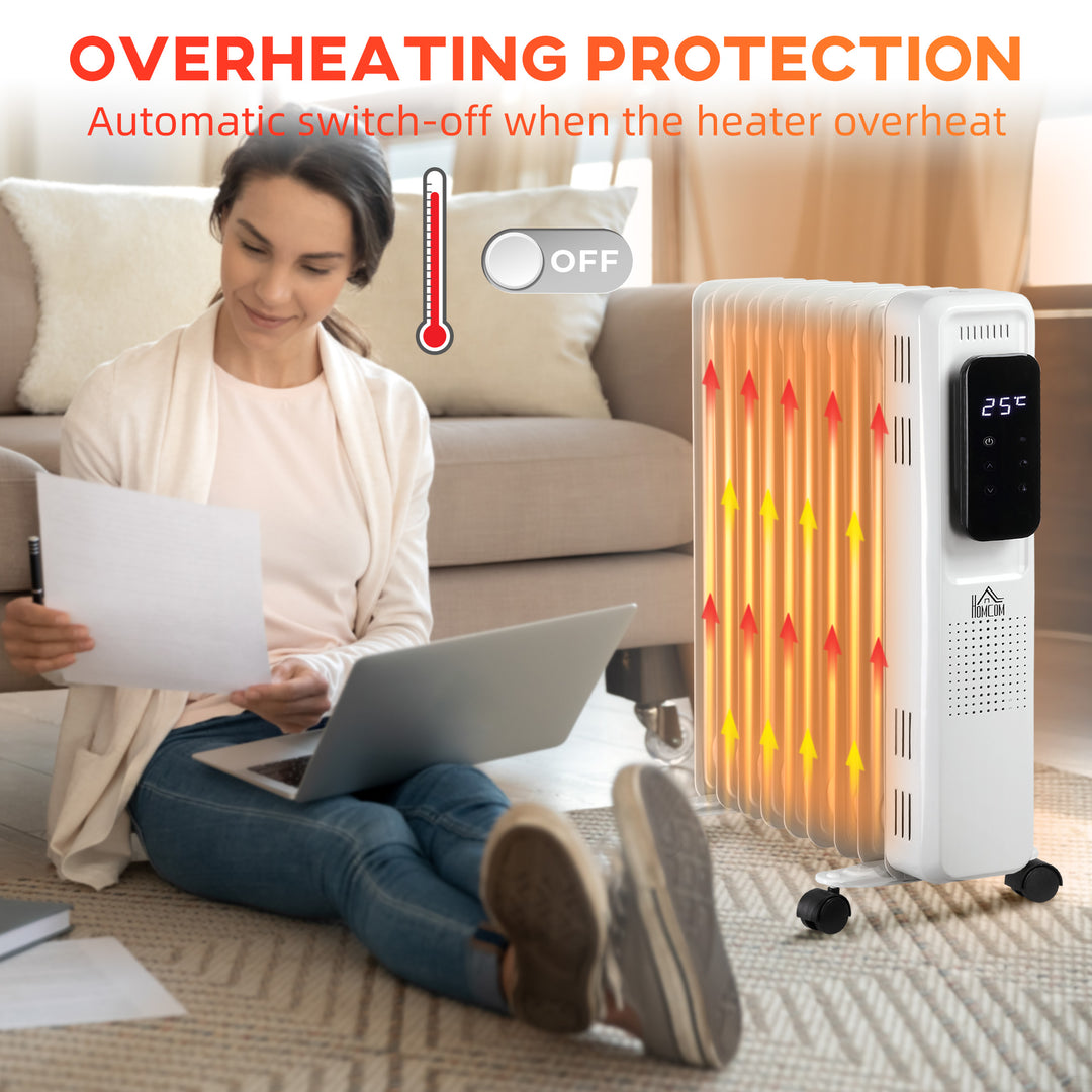2000W Oil Filled Radiator, 9 Fin Portable Electric Heater with LED Display, 24H Timer, 3 Heat Settings, Adjustable Thermostat, Safety Cut off, Remote Control, White
