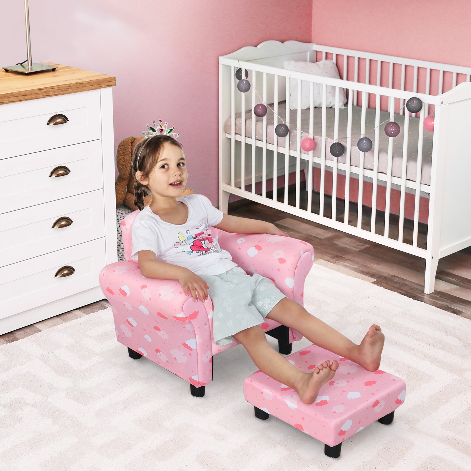 Toddler Chair Children's Armchairs Wood Frame w/ Footrest Anti-Slip Legs High Back Arms for Bedroom Playroom Cute Cloud Star Pink